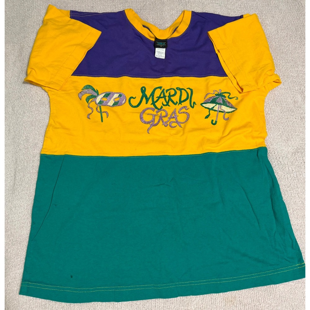 Vintage Tees Unlimited Mardi Gras Colorblock T-Shirt Purple Green Gold Large